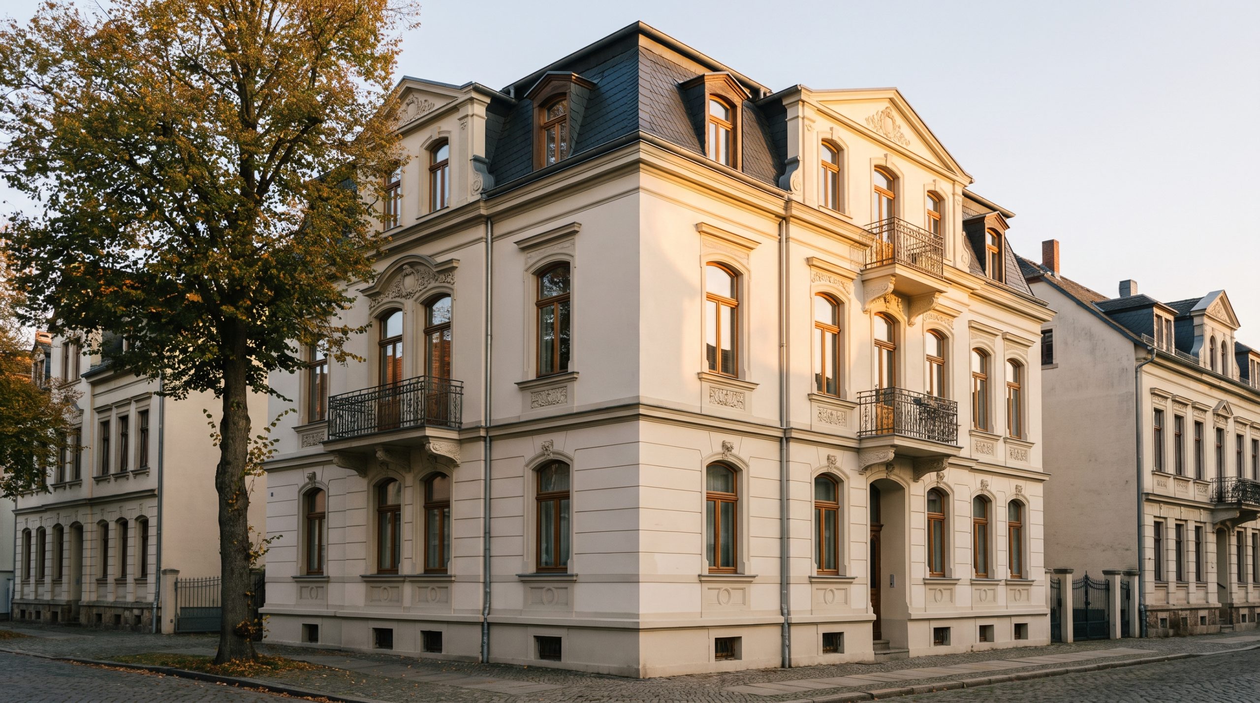 Gründerzeit-Altbau mit Balkonen in einer saarländischen Innenstadt, Symbolbild (KI-generiert)