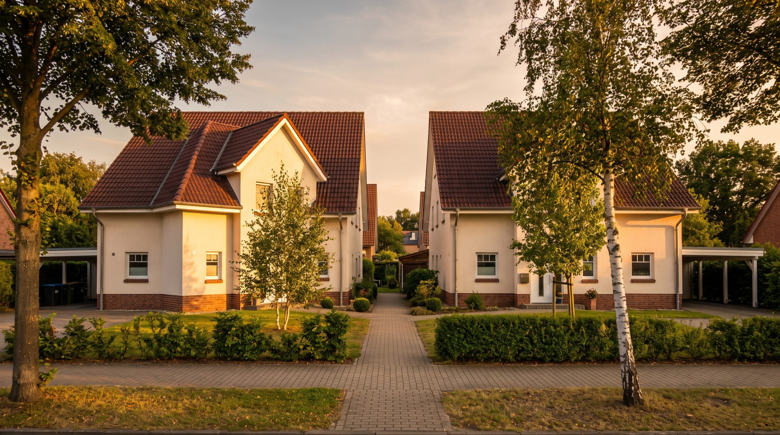 Doppelhaus mit Vorgärten in einem Wohngebiet im Saarland, Symbolbild (KI-generiert)