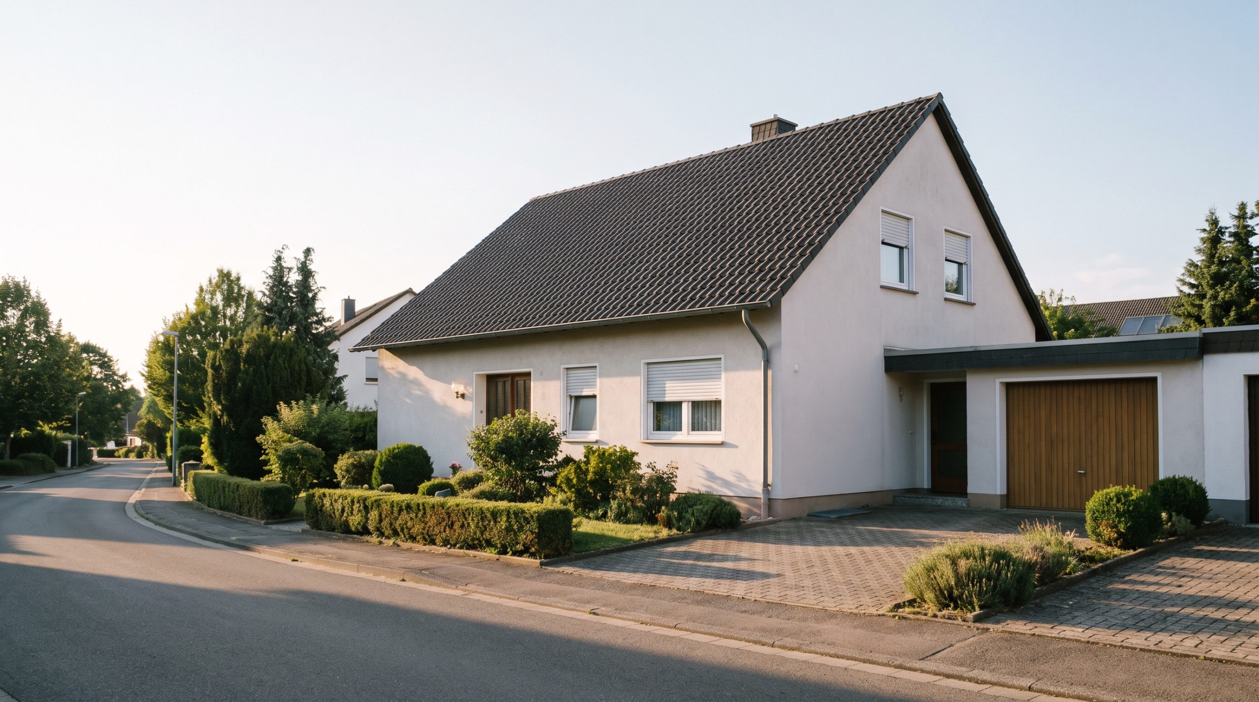 Freistehendes Einfamilienhaus mit Garage in einer Wohnstraße im Saarland, Symbolbild (KI-generiert)