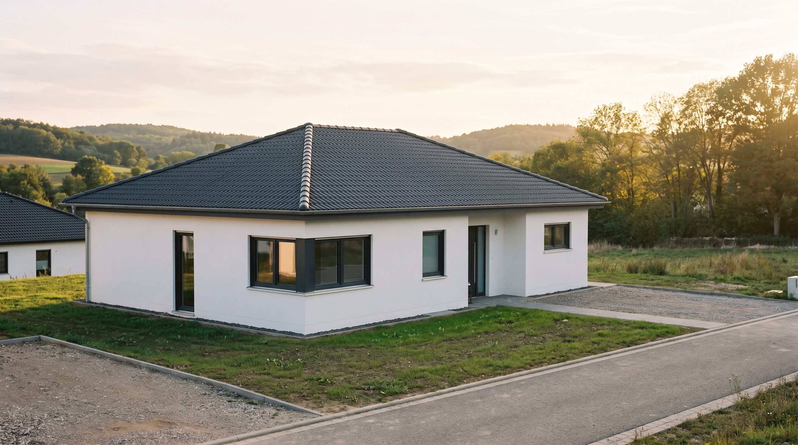 Neubau-Bungalow im Neubaugebiet vor saarländischen Hügeln, Symbolbild (KI-generiert)